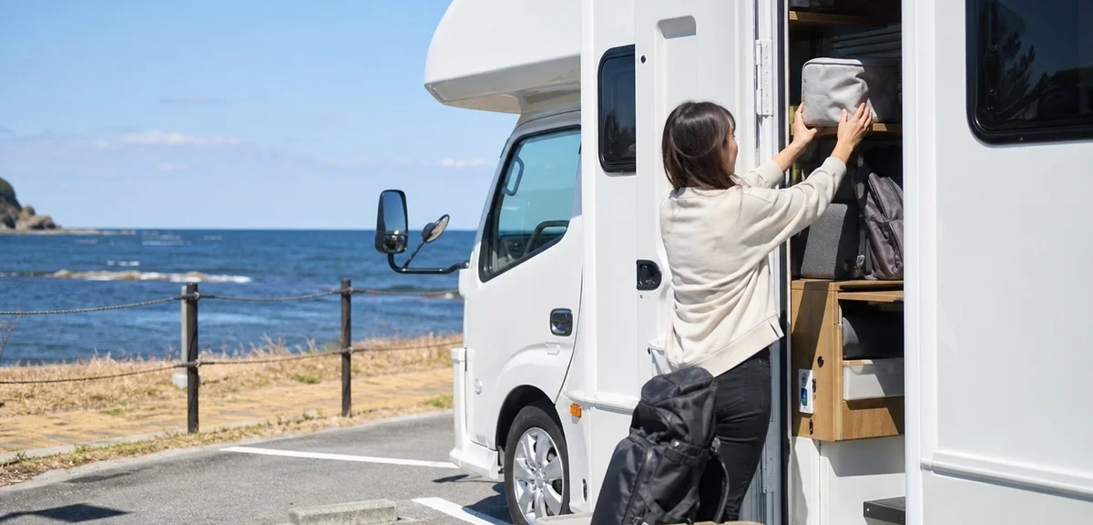 海沿いの駐車場に停まったキャンピングカーと、車内で荷物を整理する様子、長期旅行の準備、写実的、文字なし